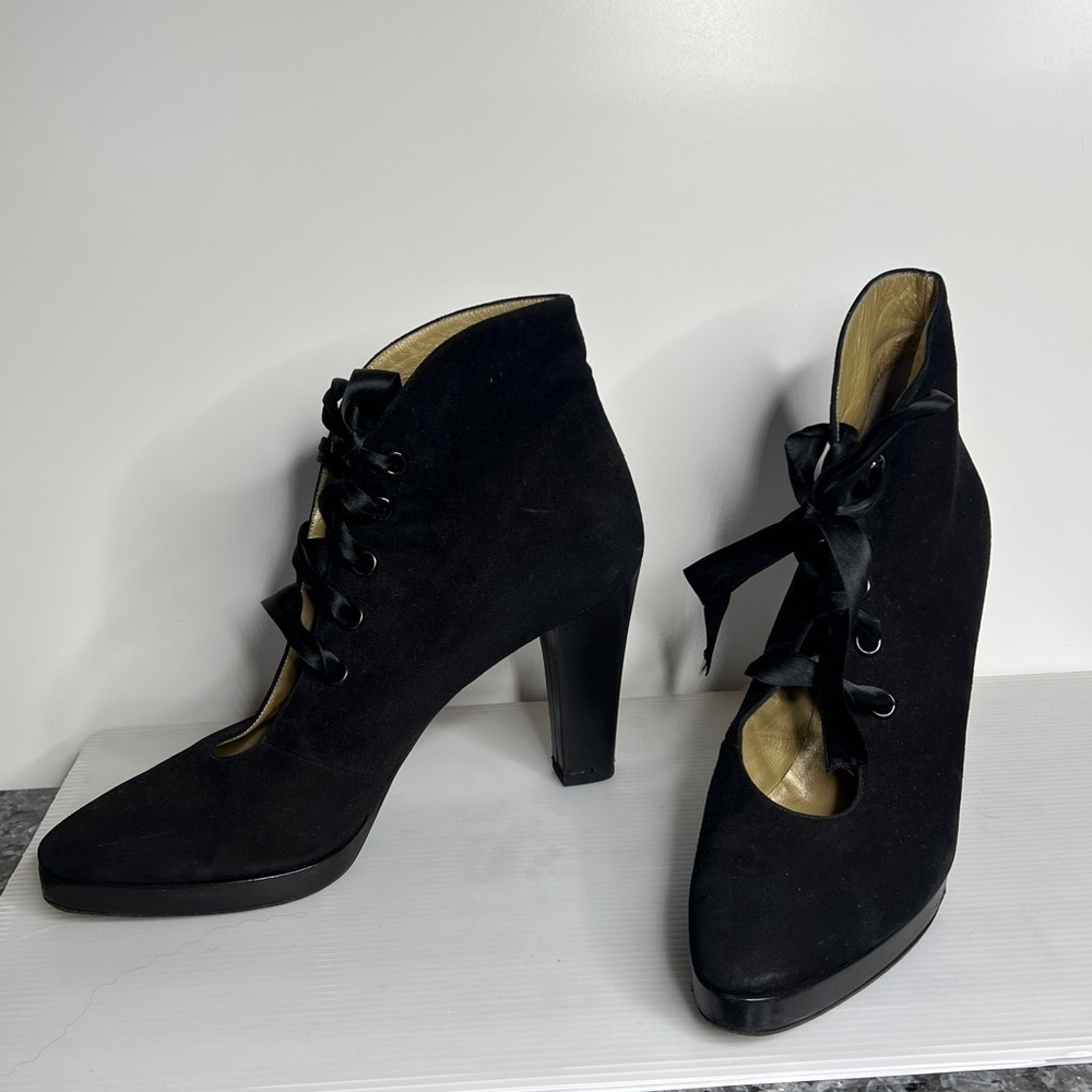 Yves Saint Laurent YSL Sz 9 Black Sude Silk Lace Up Ankle Heel Boots with Box - Picture 4 of 14